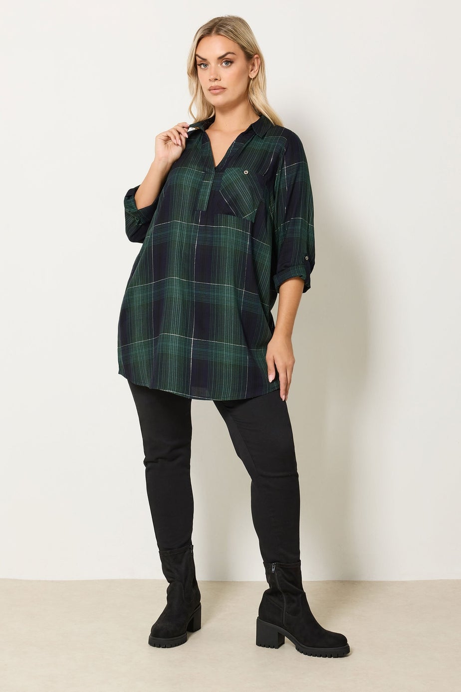Yours Curve Dark Green Check Overhead Shirt
