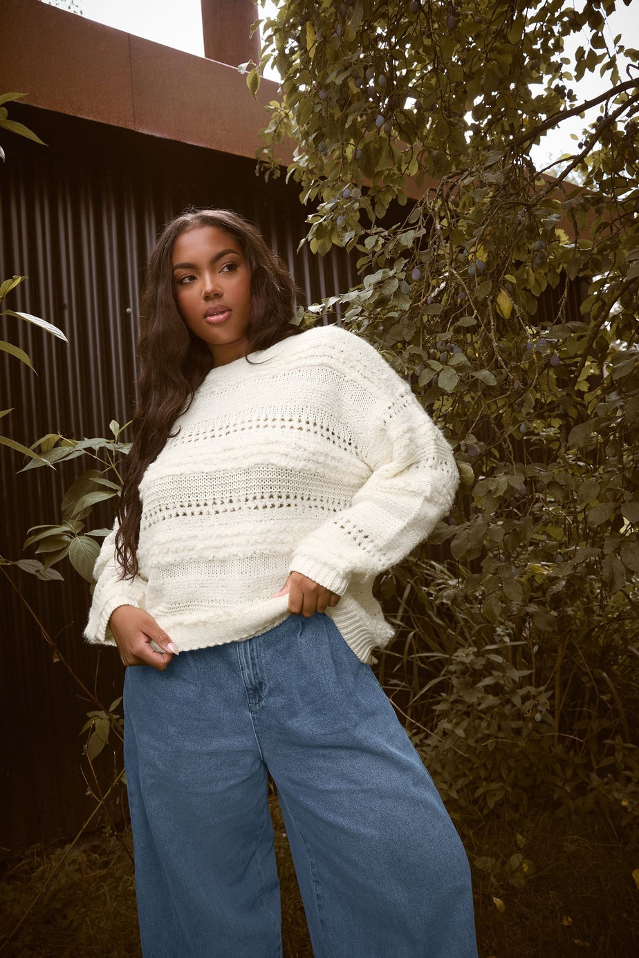 Yours Curve Ivory White Boucle Pointelle Knit Jumper