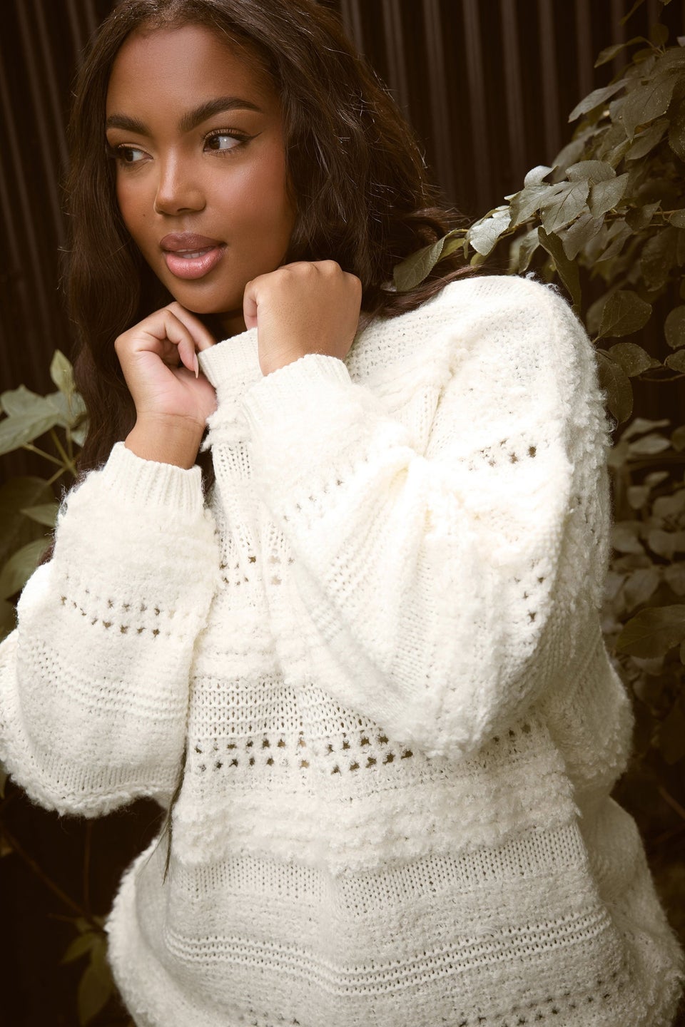 Yours Curve Ivory White Boucle Pointelle Knit Jumper