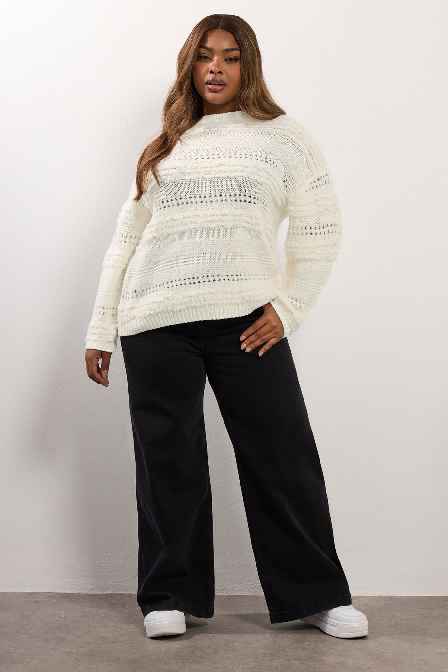 Yours Curve Ivory White Boucle Pointelle Knit Jumper