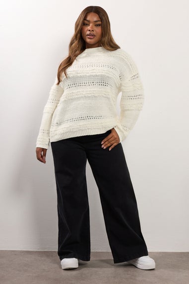 Yours Curve Ivory White Boucle Pointelle Knit Jumper