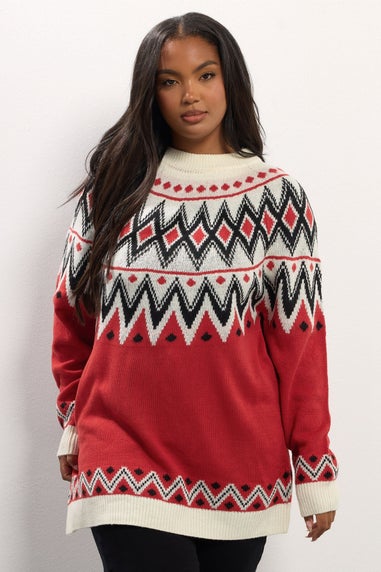 Yours Curve Red Fairisle Knitted Jumper