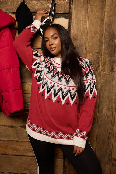 Yours Curve Red Fairisle Knitted Jumper