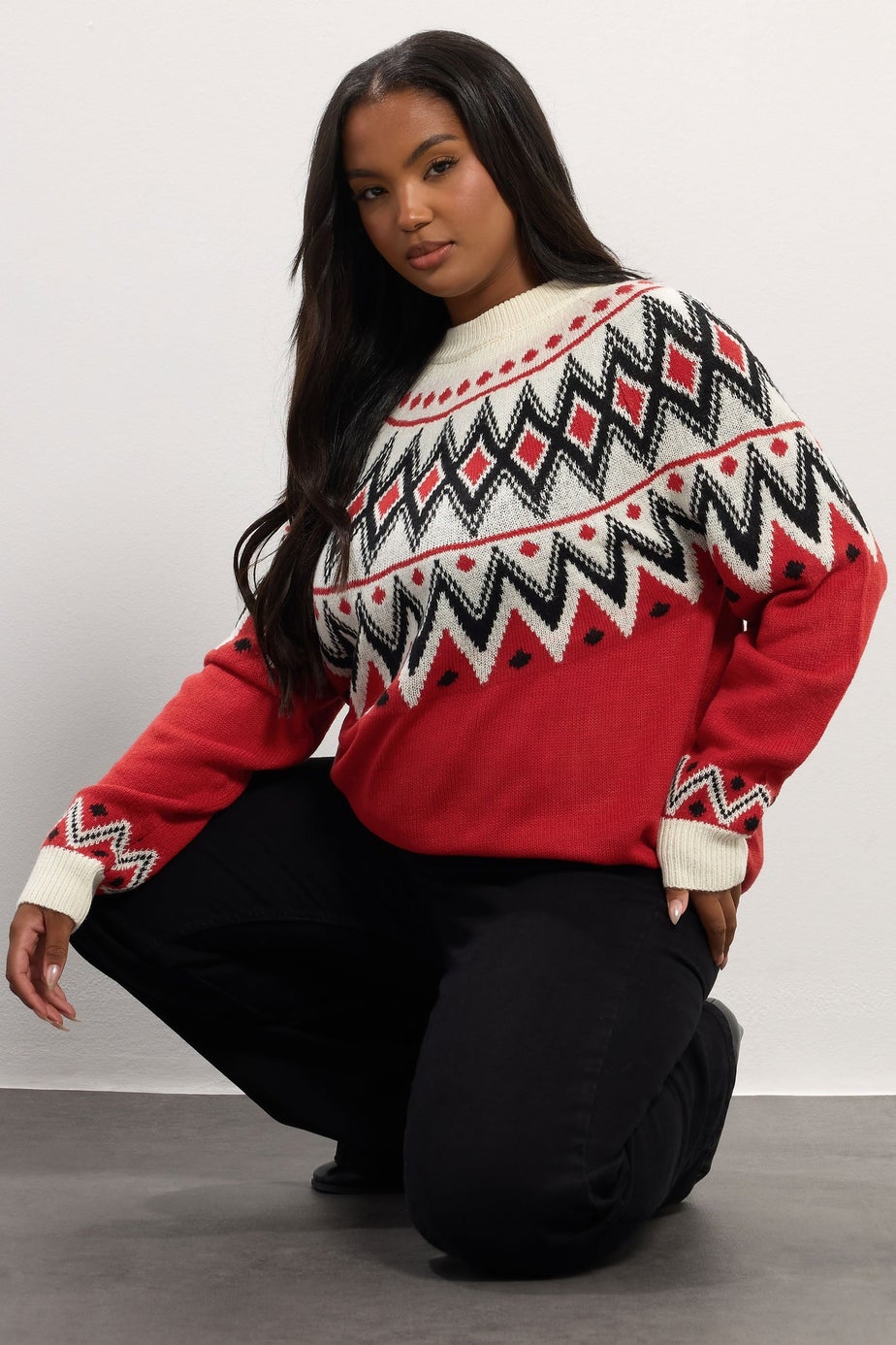 Yours Curve Red Fairisle Knitted Jumper