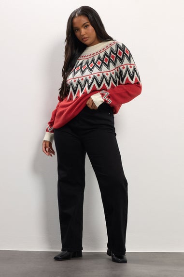 Yours Curve Red Fairisle Knitted Jumper