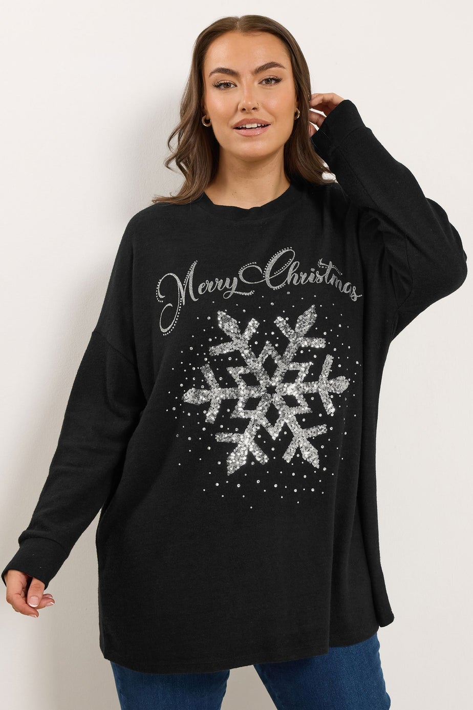 Yours Curve Black Sequin Snowflake Novelty Christmas Jumper