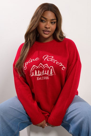 Yours Curve Red 'Alpine Resort' Knitted Jumper