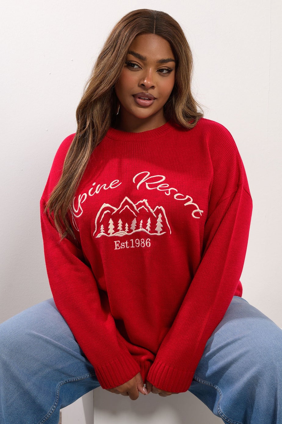 Yours Curve Red 'Alpine Resort' Knitted Jumper