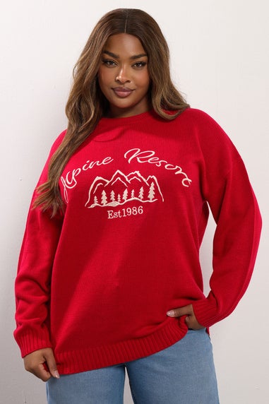 Yours Curve Red 'Alpine Resort' Knitted Jumper