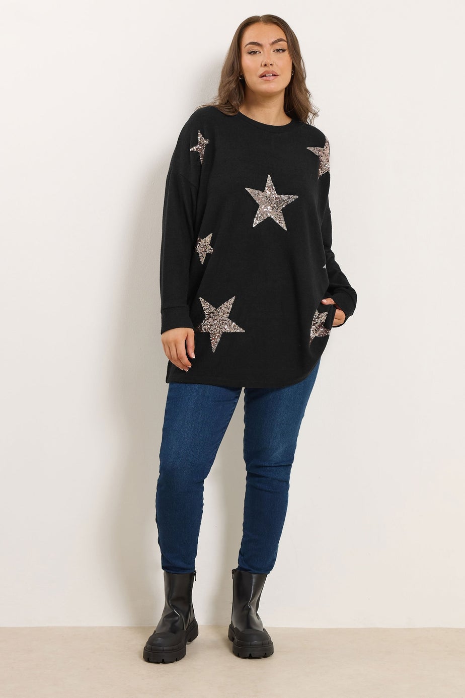 Yours Curve Black Sequin Embellished Star Jumper