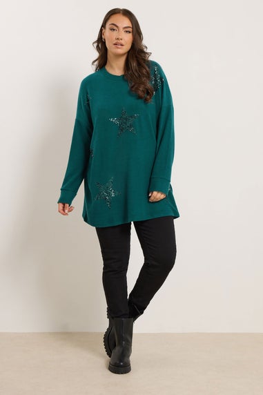 Yours Curve Teal Green Sequin Embellished Star Jumper