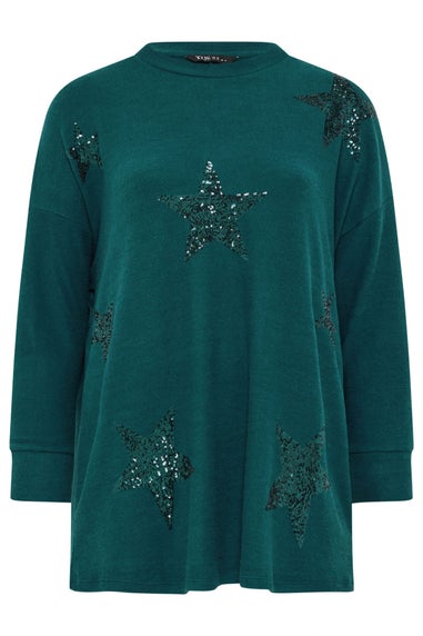 Yours Curve Teal Green Sequin Embellished Star Jumper