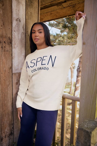 Yours Curve Ivory White 'Aspen' Slogan Knitted Jumper