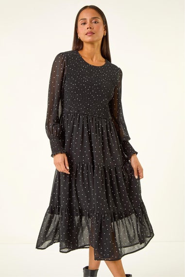 Roman Black Petite Spot Print Maxi Dress