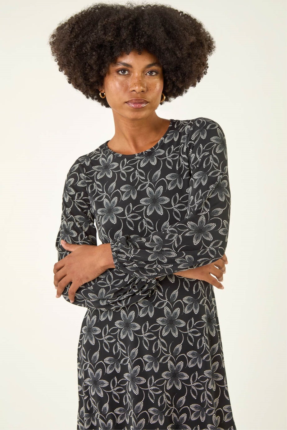 Roman Black Floral Print Frill Stretch Dress