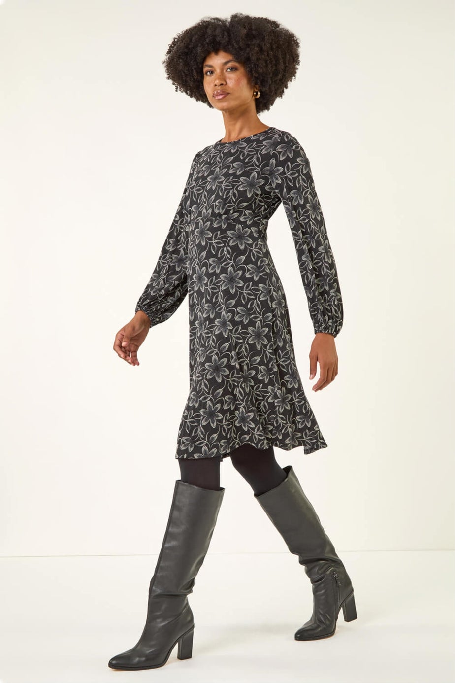 Roman Black Floral Print Frill Stretch Dress