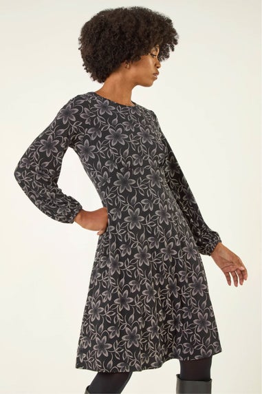 Roman Black Floral Print Frill Stretch Dress