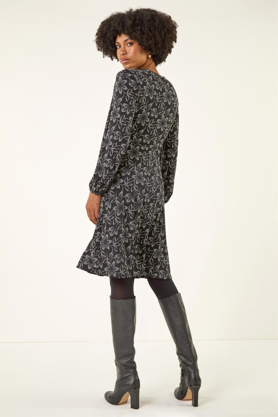 Roman Black Floral Print Frill Stretch Dress