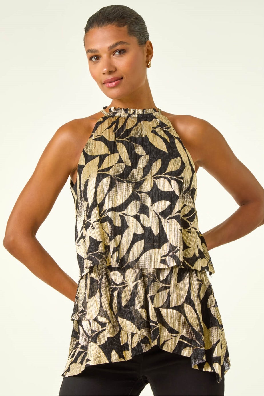 Roman Gold Plisse Foil High Neck Top