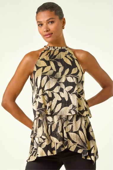 Roman Gold Plisse Foil High Neck Top