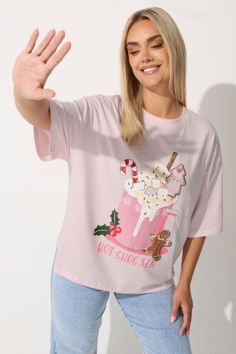 Yours Limited Curve Pink Hot Chocolate Glitter Graphic Christmas T-Shirt