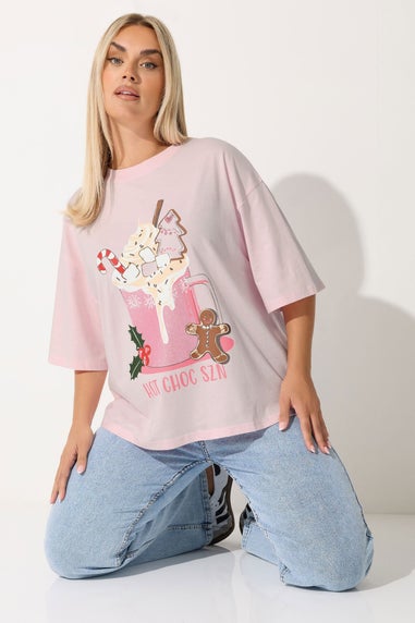 Yours Limited Curve Pink Hot Chocolate Glitter Graphic Christmas T-Shirt