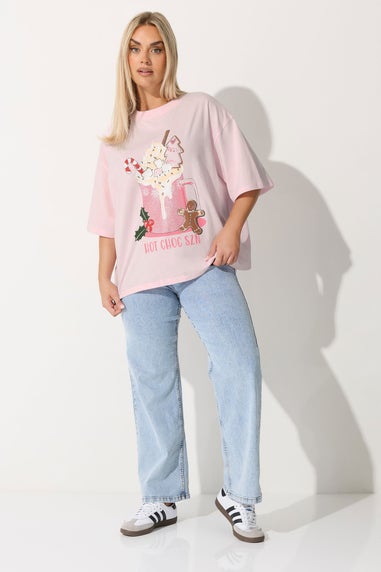 Yours Limited Curve Pink Hot Chocolate Glitter Graphic Christmas T-Shirt