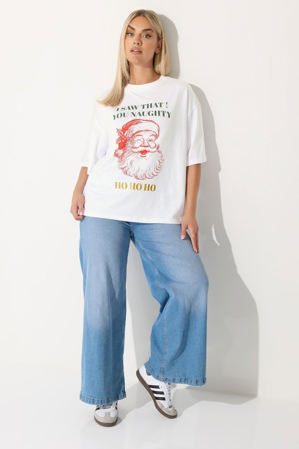 Yours Limited Curve White Glitter Santa Slogan Christmas T-Shirt