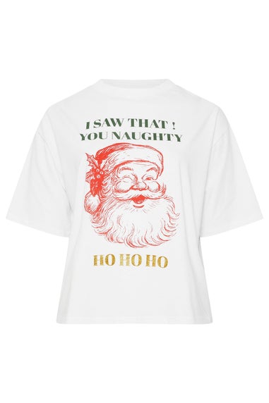 Yours Limited Curve White Glitter Santa Slogan Christmas T-Shirt
