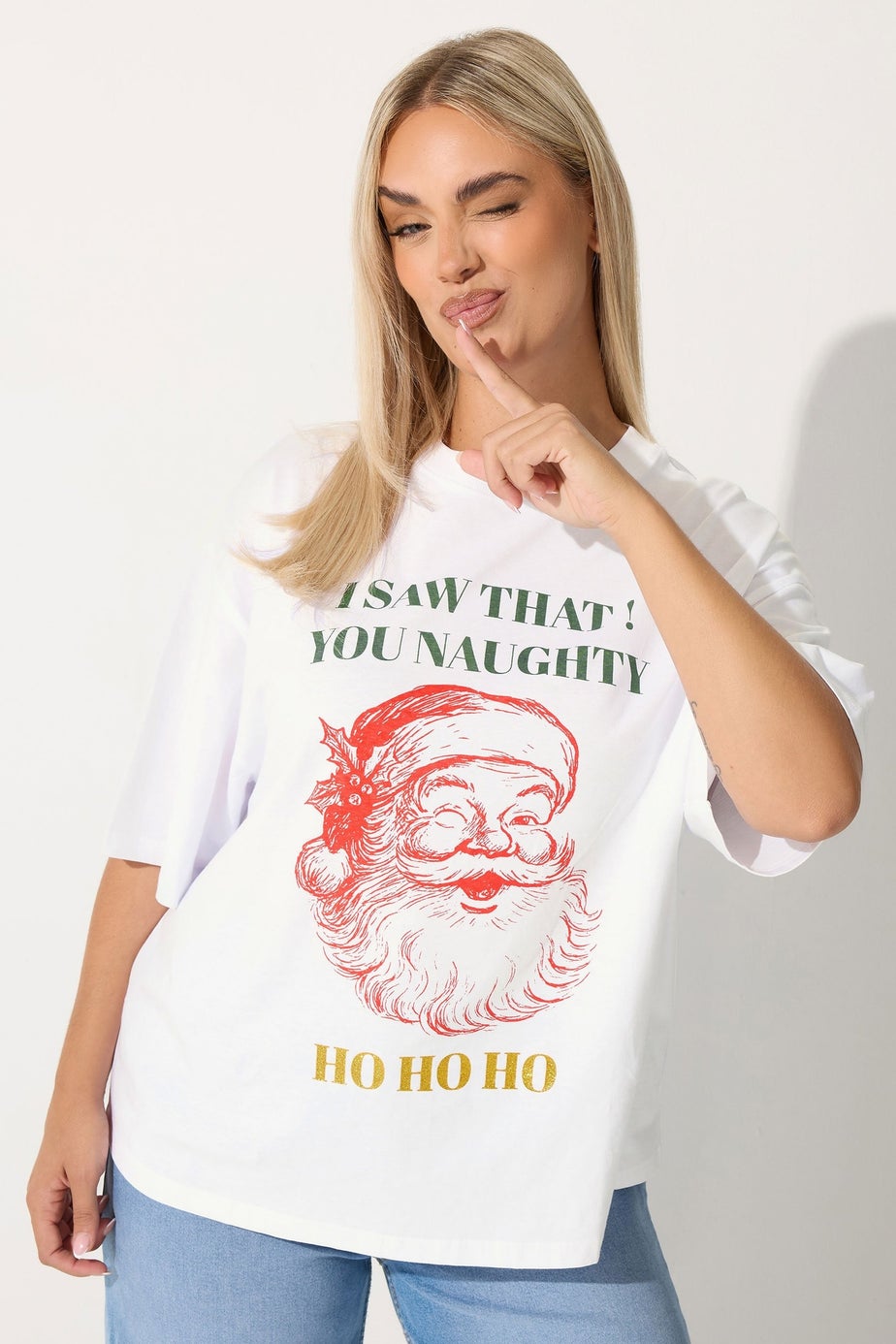 Yours Limited Curve White Glitter Santa Slogan Christmas T-Shirt