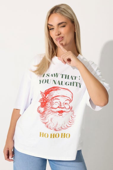 Yours Limited Curve White Glitter Santa Slogan Christmas T-Shirt