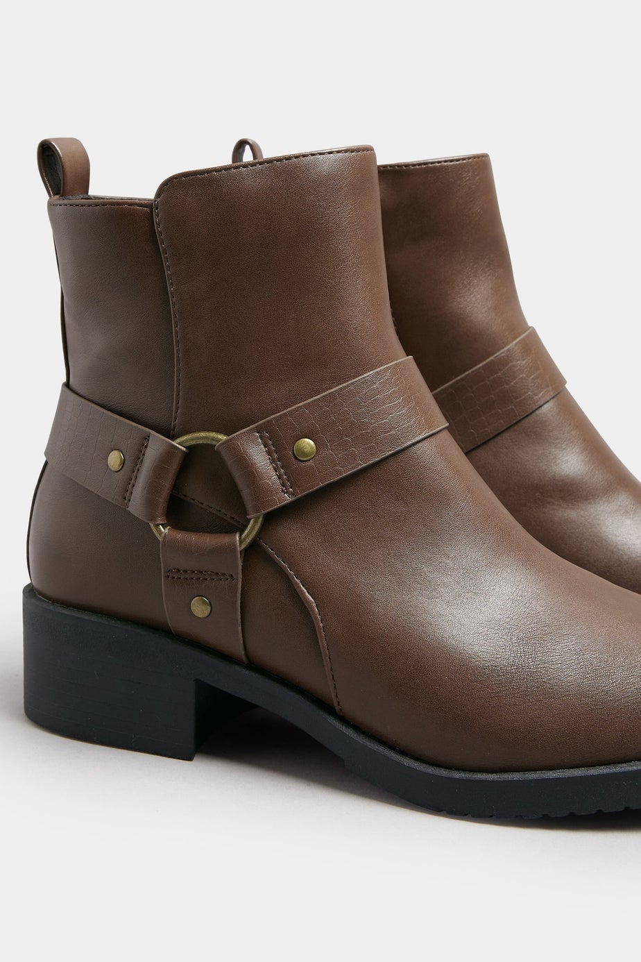 Yours Brown Faux Leather Buckle Ankle Boots In Standard Fit