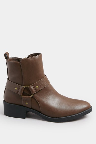 Yours Brown Faux Leather Buckle Ankle Boots In Standard Fit