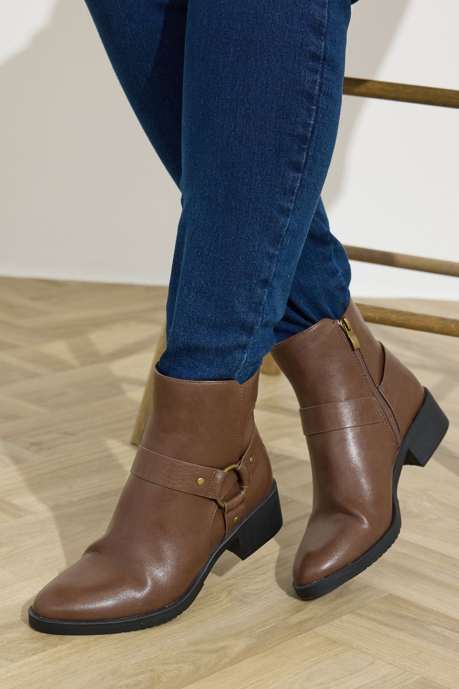 Yours Brown Faux Leather Buckle Ankle Boots In Standard Fit