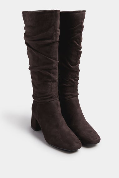 Yours Chocolate Brown Faux Suede Ruched Knee High Boots In Standard Fit