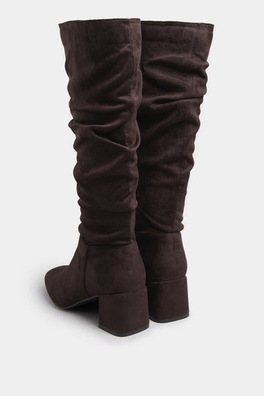 Yours Chocolate Brown Faux Suede Ruched Knee High Boots In Standard Fit