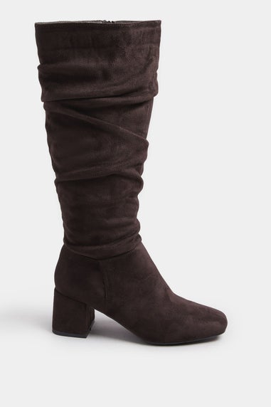 Yours Chocolate Brown Faux Suede Ruched Knee High Boots In Standard Fit