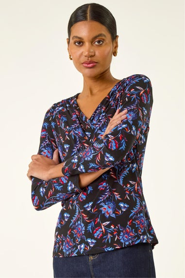 Roman Blue Floral V-Neck Stretch Top