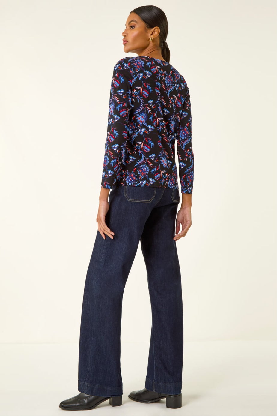 Roman Blue Floral V-Neck Stretch Top