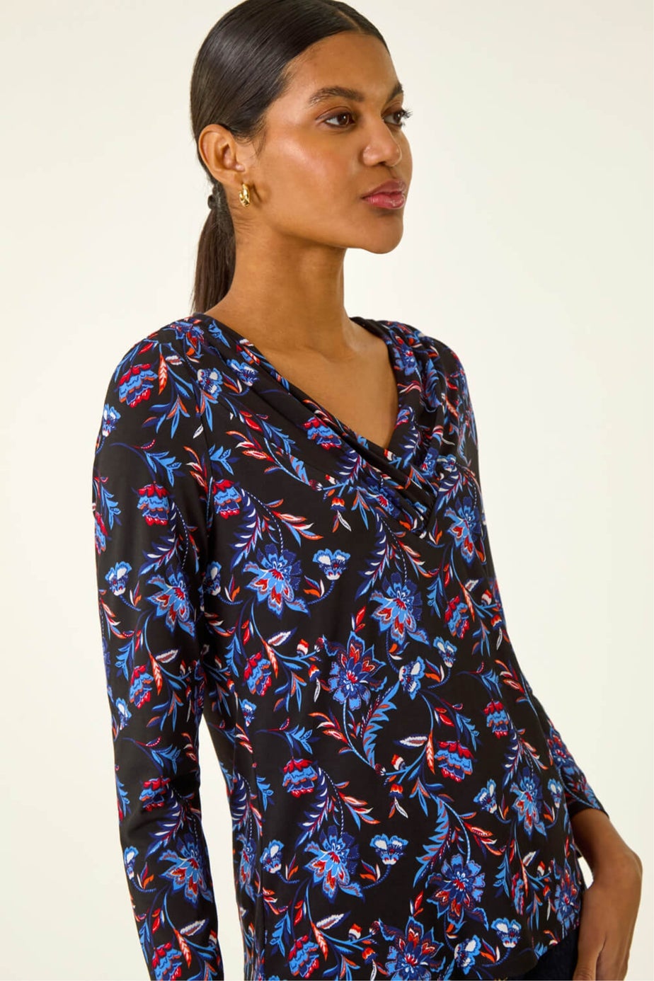 Roman Blue Floral V-Neck Stretch Top