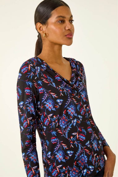 Roman Blue Floral V-Neck Stretch Top