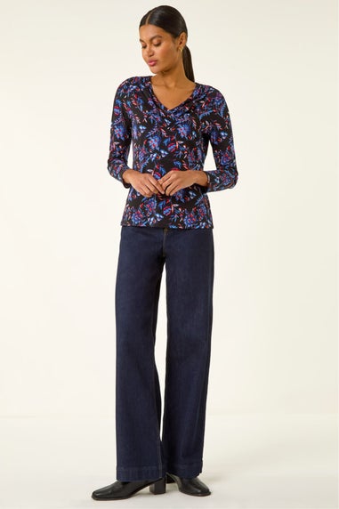 Roman Blue Floral V-Neck Stretch Top