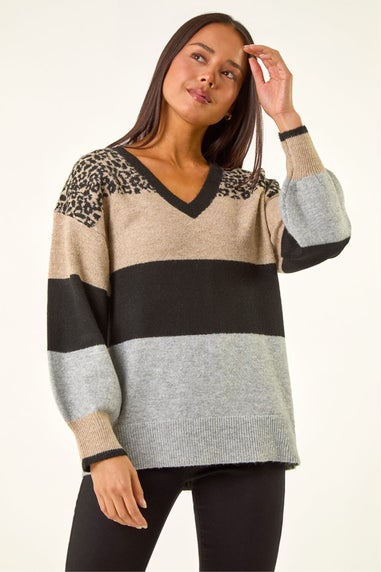 Roman Stone Petite Animal Block V-Neck Jumper