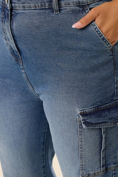 Yours Curve Blue Mid Wide Leg Cargo Jeans