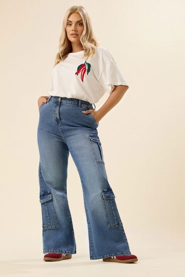 Yours Curve Blue Mid Wide Leg Cargo Jeans