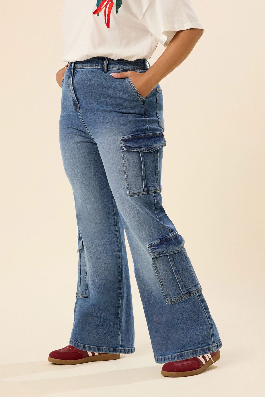 Yours Curve Blue Mid Wide Leg Cargo Jeans