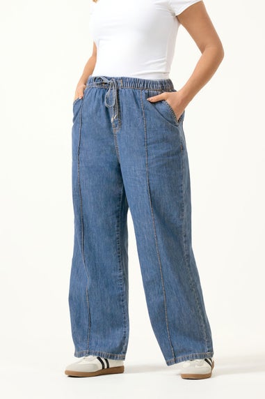 Yours Curve Mid Blue Seam Front Wide Leg Jeans