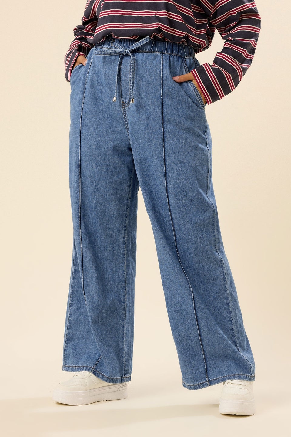 Yours Curve Mid Blue Seam Front Wide Leg Jeans