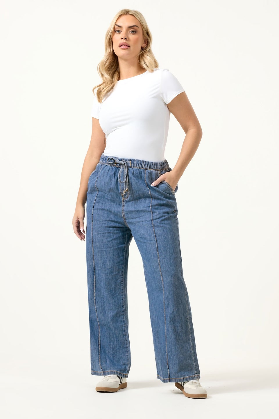 Yours Curve Mid Blue Seam Front Wide Leg Jeans