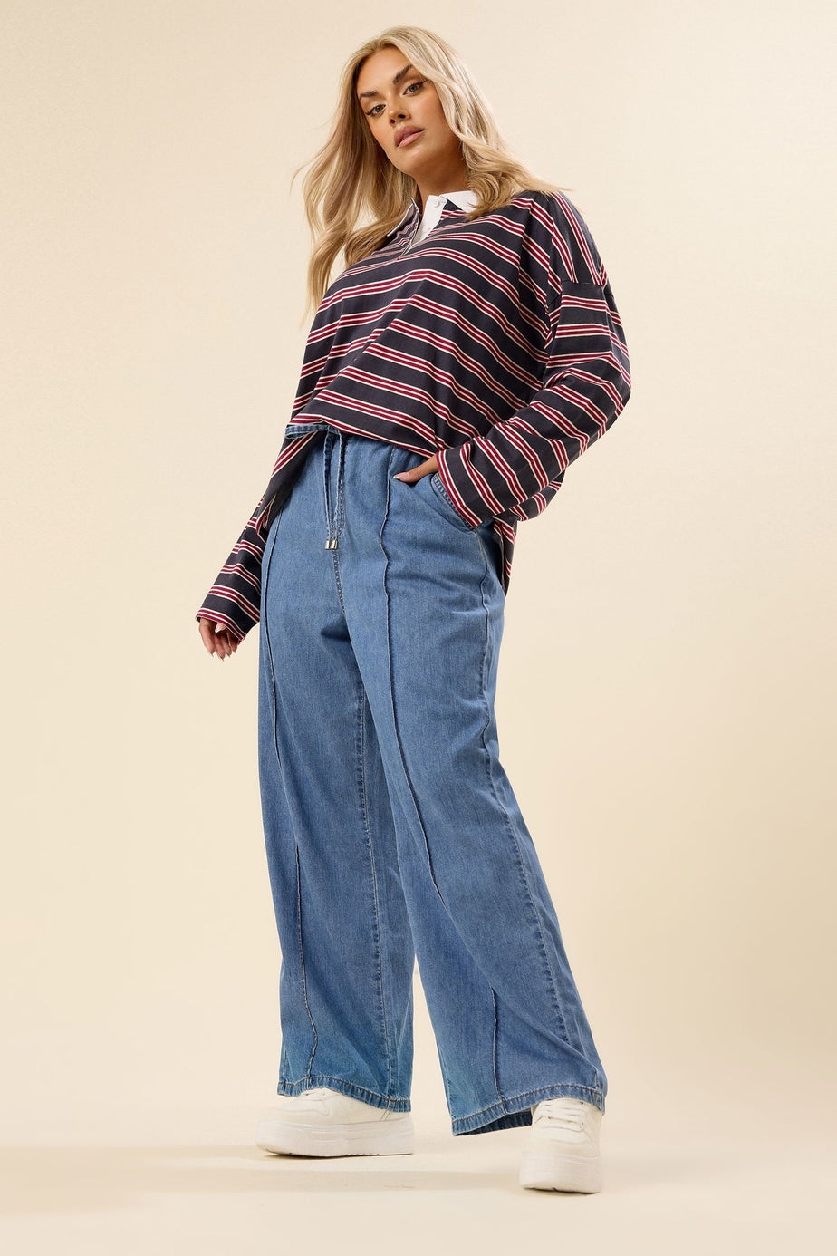 Yours Curve Mid Blue Seam Front Wide Leg Jeans